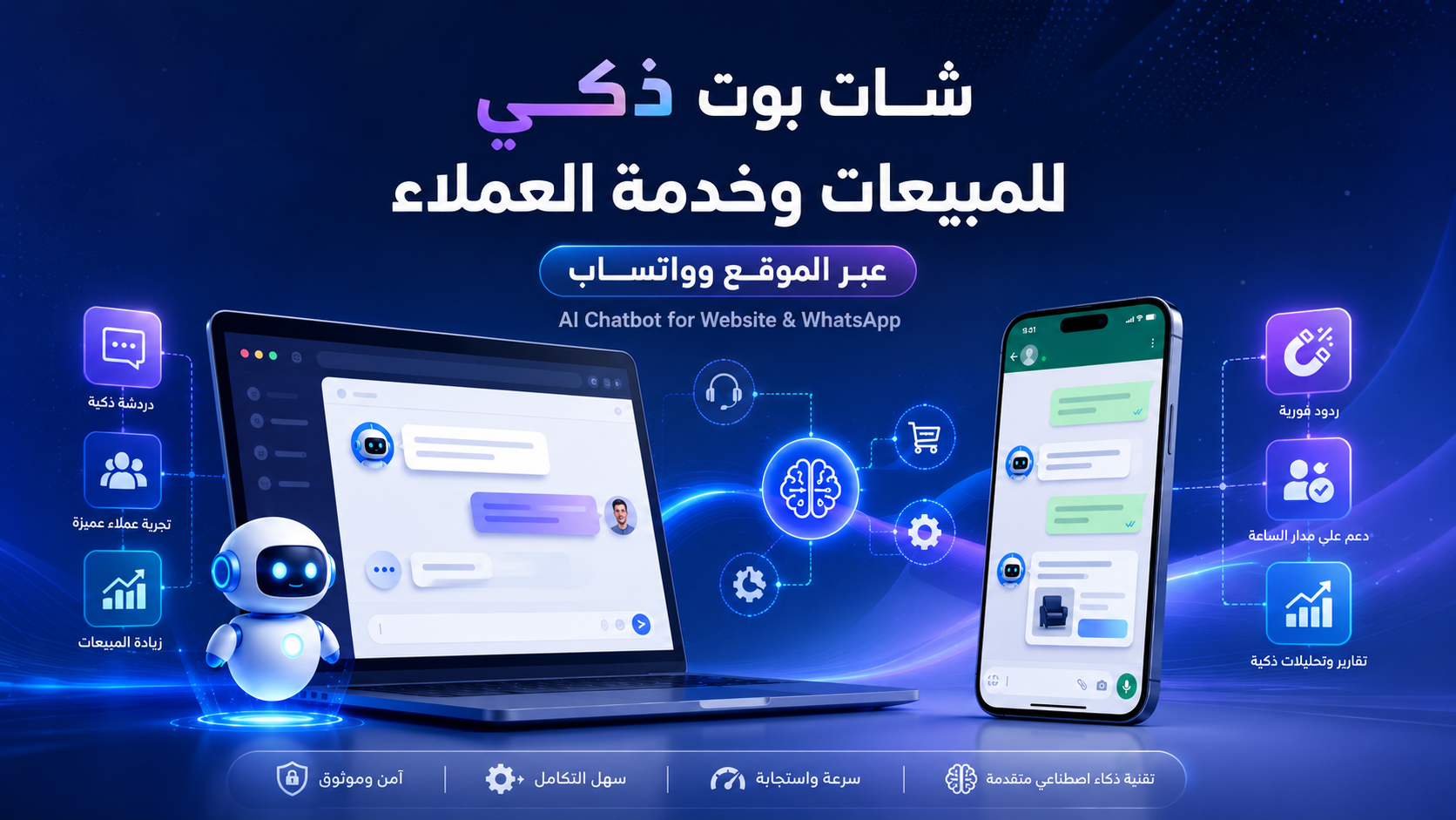 شات بوت ذكي للمبيعات وخدمة العملاء عبر الموقع وواتساب